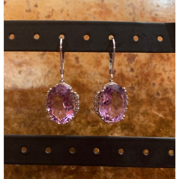 Sterling Silver, Diamond and Amethyst Dangle Earrings - Picture 3 of 6